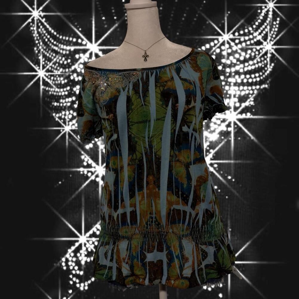 butterfly sequins embellished dusty sky blue green fairy boho whimsical top